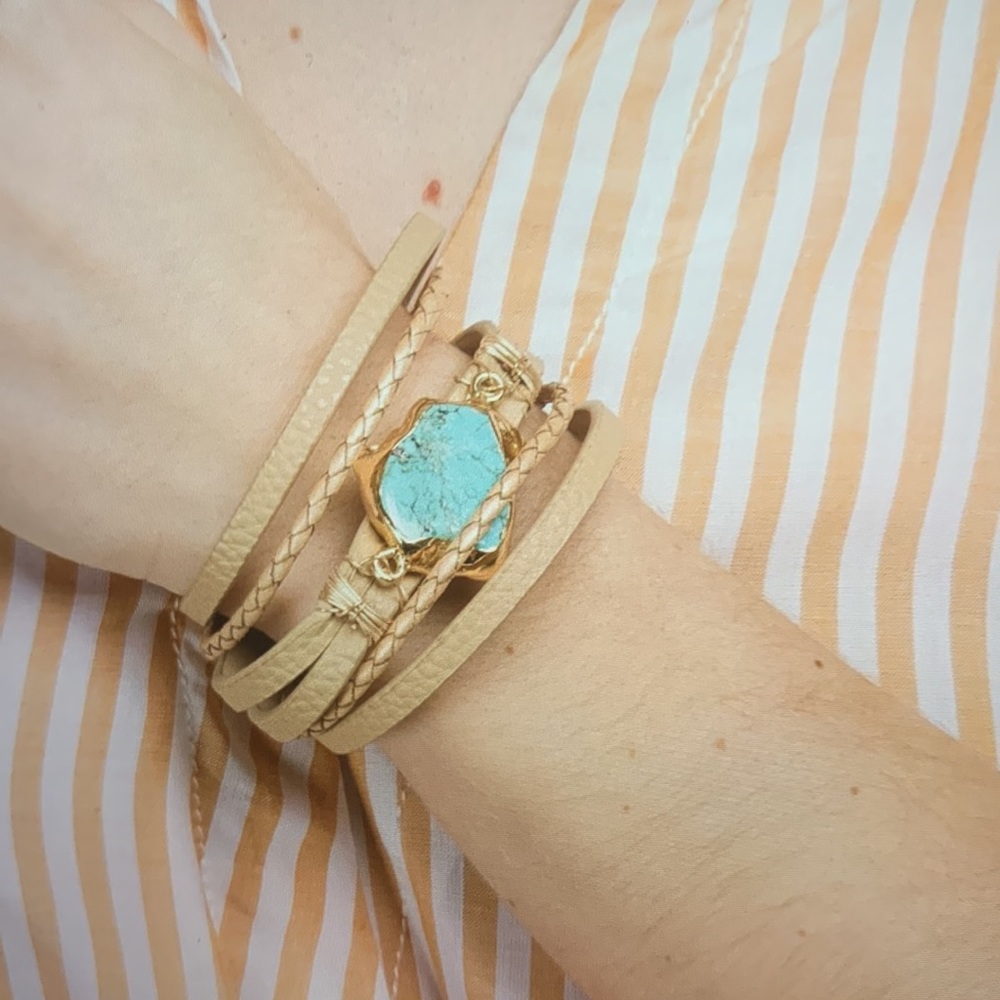 Braided Turquoise Natural Stone Vegan Leather Bracelet - Picture 5 of 5